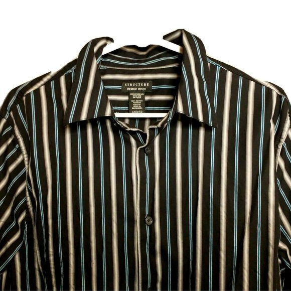 Structure Men's Large Premium Woven Black Striped Long Sleeve Button Up Shirt - Picture 1 of 8
